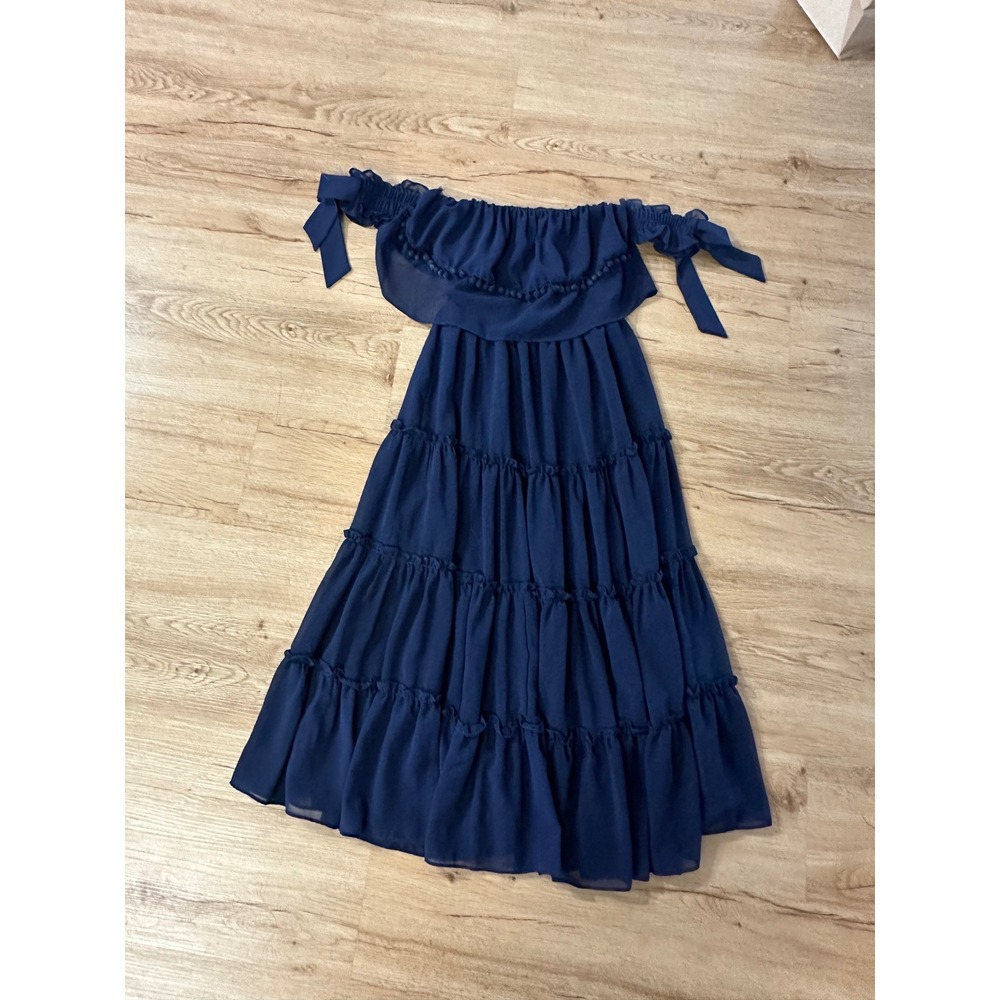 MISA Los Angeles Navy Off Shoulder Tiered Midi Dress Pom Pom Trim Women's Small
